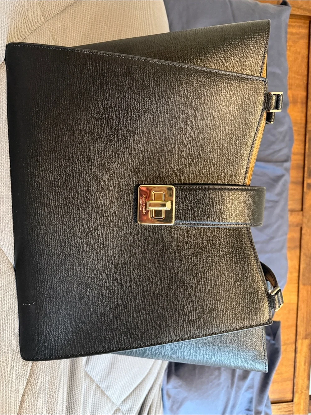 Kate Spade Black Structured Leather Work Bag with Gold Hardware